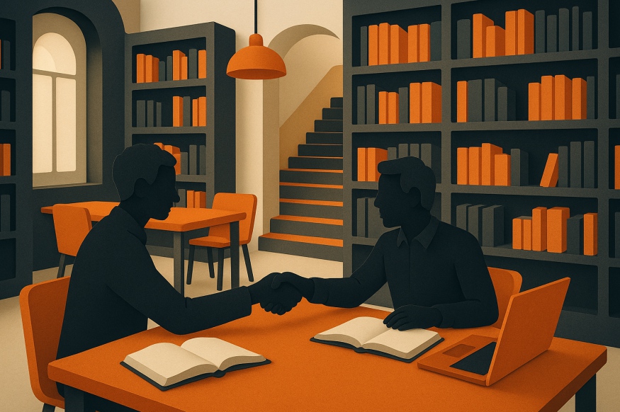 Academic library and negotiation research illustration